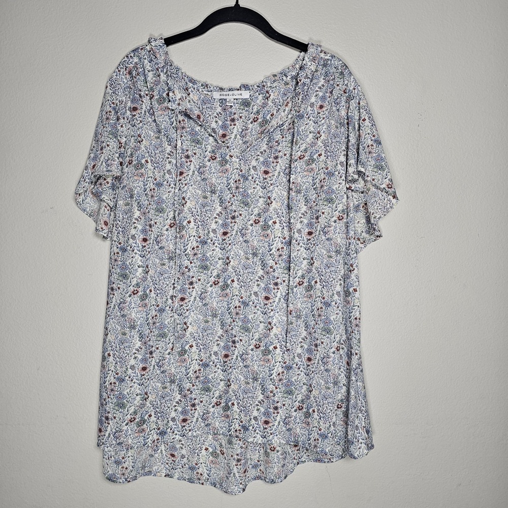Rose And Olive Womens 2X Blue Floral Blouse Boho Peasant Top V-Neck Tie